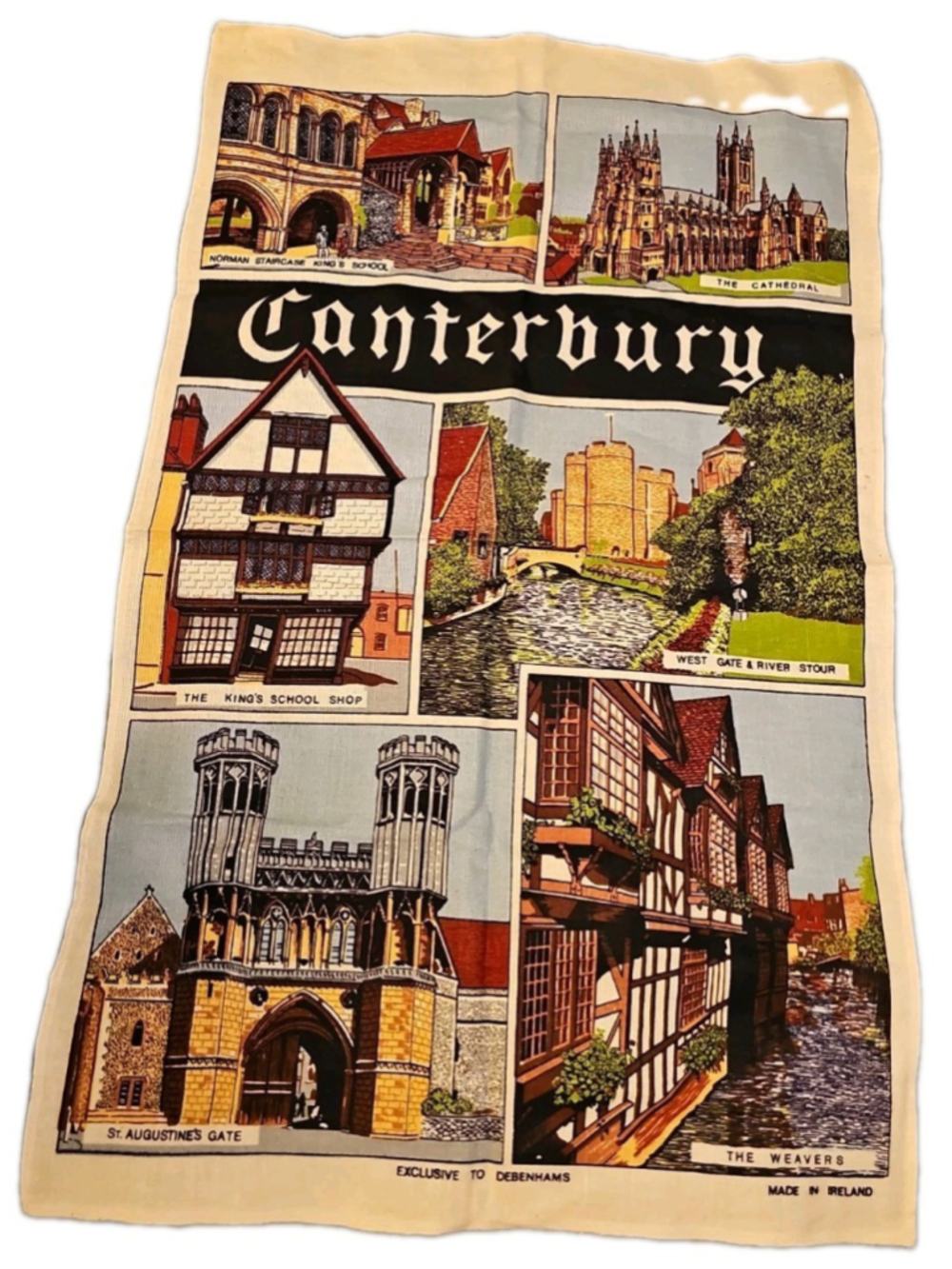 Vintage Canterbury Souvenir Tea Towel Made In Ireland Exclusive To Debenhams